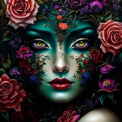 Prompt: Beautiful  hybrid woman with flowers sprouting from her, oil painting, detailed fiery eyes, ethereal glow, dark and mysterious, high quality, vibrant colors, surreal, haunting, intricate floral details, intense gaze, mystical atmosphere, oil painting, demon, hybrid, fiery eyes, ethereal, vibrant colors, surreal, haunting, floral details, intense gaze, mystical atmosphere