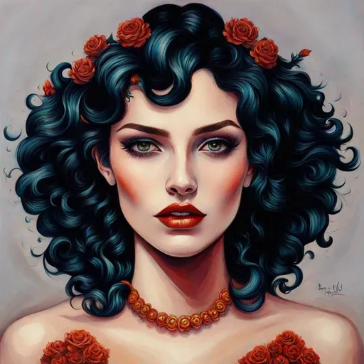 Prompt: Beautiful  hybrid woman with flowers sprouting from her, oil painting, detailed fiery eyes, ethereal glow, dark and mysterious, high quality, vibrant colors, surreal, haunting, intricate floral details, intense gaze, mystical atmosphere, oil painting, demon, hybrid, fiery eyes, ethereal, vibrant colors, surreal, haunting, floral details, intense gaze, mystical atmosphere