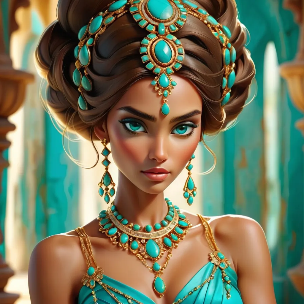 Prompt: An extremely gorgeous woman,  with turquoise jewels, in color scheme of turquoise and gold