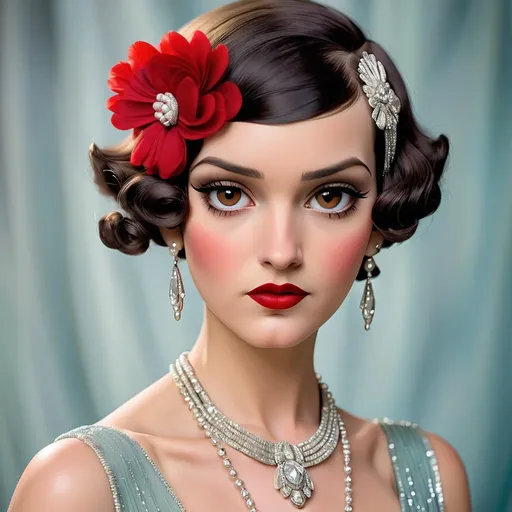 Prompt:  a beautiful 1920's flapper with dark brown eyes perfect cherry red lips wearing a very beautiful formal gown