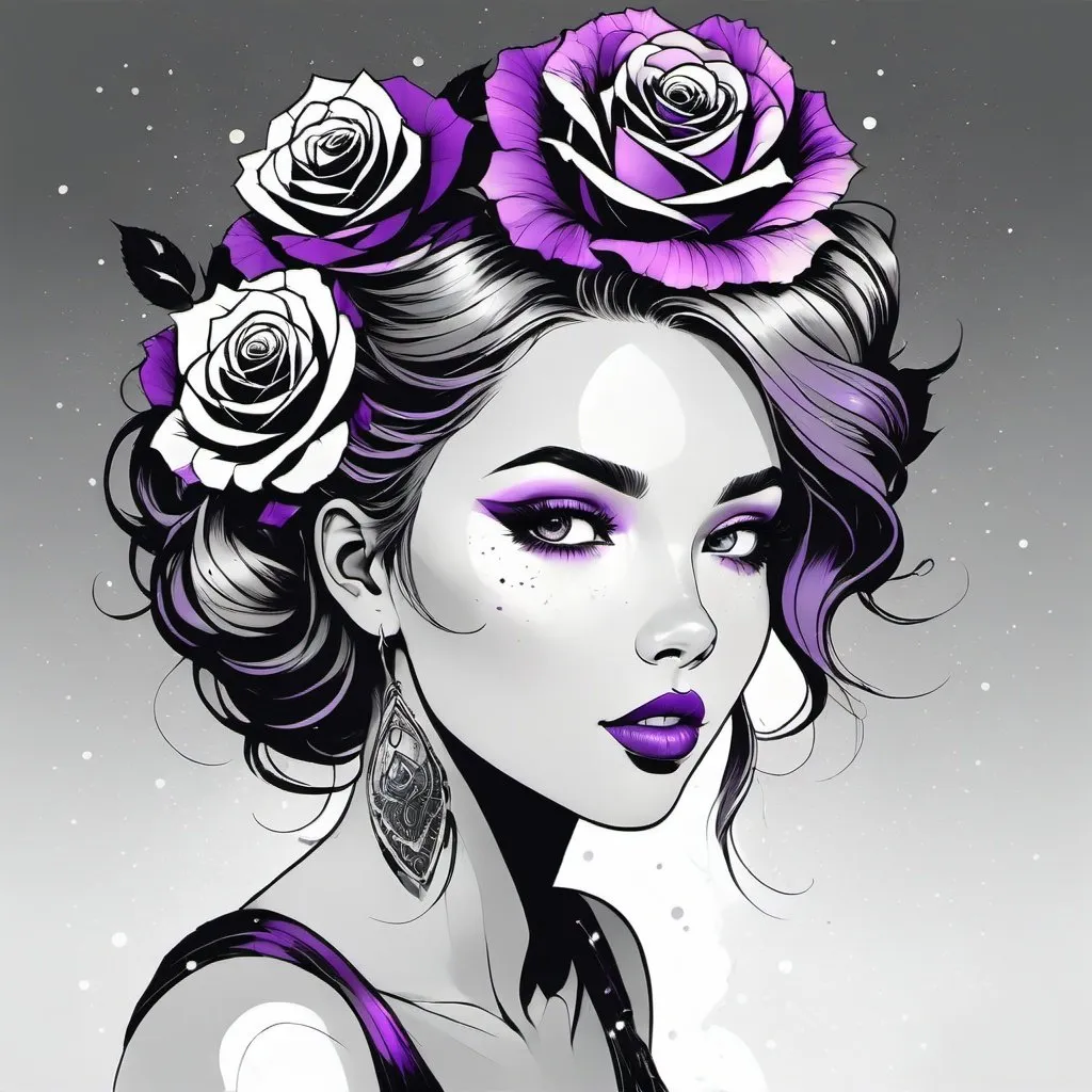 Prompt: Cosmic Epic Beauty, Beautiful and Gorgeous, purple roses in hair