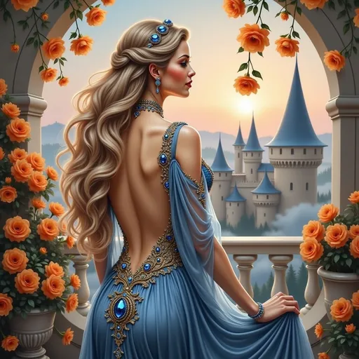 Prompt: Bathed in the soft glow of a sunset, a figure in an ornate, flowing blue gown stands gracefully on a balcony, her delicate back exposed to the view. The gown features intricate gold embroidery that glimmers in the fading light, while her long, wavy hair cascades down her shoulders, adorned with luminous orange flowers. The scene is framed by vibrant blooms that hang from the balcony's edges, adding a touch of warmth to the cool hues of the dress and sky. In the background, whimsical castle-like structures with pointed roofs contrast against the vast rolling landscape, creating an enchanting narrative filled with a sense of longing and beauty as day transitions to night. The overall atmosphere is dreamy and ethereal, inviting the viewer to lose themselves in this magical moment.