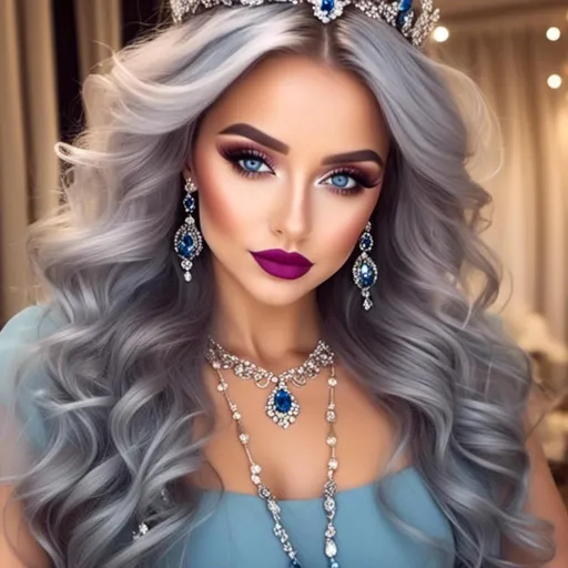 Prompt: <mymodel>a Sapphire lady, feminine elegant princess ,  dark hair, large blue eyes, wearing jewls in her hair,  beautiful makeup, blue eyeshadow, dark pink lipstick, facial closeup