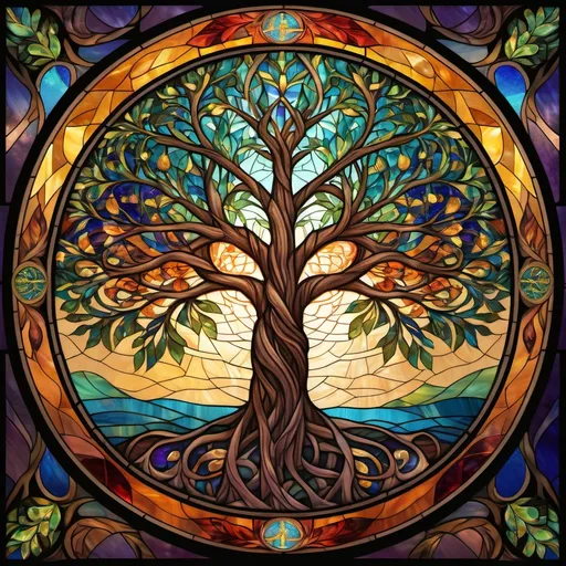 Prompt: Tree of Life, stained glass effect, mosaic, vibrant colorful, high quality, detailed, intricate, fantasy, art nouveau, radiant lighting, warm tones, intricate details, spiritual, large scale