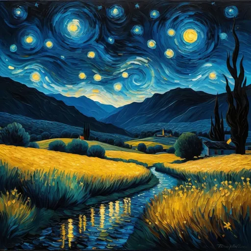 Prompt: score_9, score_8_up, score_7_up, score_7, score_6_up, an oil painting of fantasy in heat, silhouette on Hidden valley, style of van gogh, starry night vibes, expressionism, gloomy, dark tones, unforgettable, dark fantasy, fantasy, emotional depth. (vibrant masterpiece, (8k1.5), UHD, very detailed, high-quality, best artist, sharp edges, detailed textures, full view, atmospheric lighting, stunning visuals)