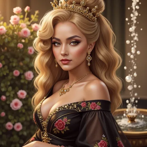 Prompt: Radiating elegance, a regal figure stands centrally adorned in a striking black and pink gown embellished with intricate floral designs and gold accents. Her long, flowing hair cascades in soft waves, framing a graceful face highlighted by a delicate crown set with jewels, resonating with her unmatched poise. The backdrop is a lush garden filled with blooming roses, their soft pink hues complementing the serene atmosphere, with a fountain softly bubbling nearby, adding to the tranquil setting. Gentle sunlight filters through the foliage, casting a warm glow that enhances the elaborate details of her attire. This enchanting scene conveys a sense of royal beauty and timeless grace, inviting viewers into a world of elegance and charm.