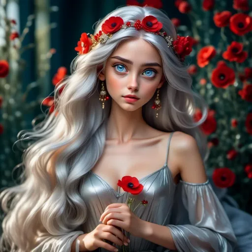 Prompt: <mymodel>Fairy princess of poppies, facial closeup, oil painting, vibrant reds, delicate features, ethereal and glowing, high detail, fantasy, floral crown, soft lighting, regal presence