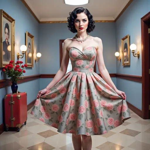 Prompt: a  stylish woman  of the 50's in a dress with roses on it is standing in a hallway with luggage and a suitcase behind her, Edwin Georgi, kitsch movement, fashion photography, a photorealistic painting