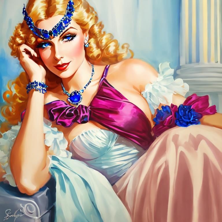 Prompt: Glamorously dressed lady of rhe 1930's wearing sapphire jewelry,blue eyes