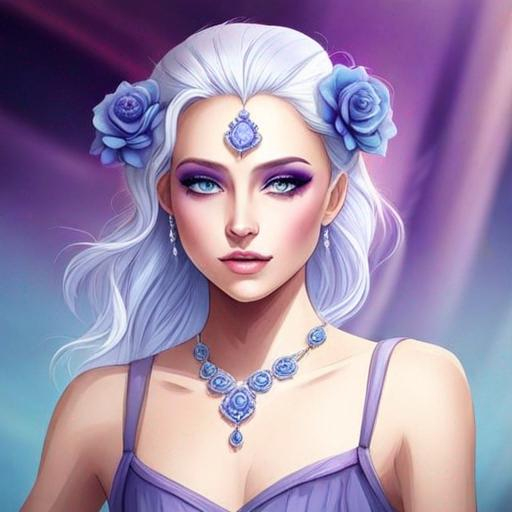 Prompt: A beautiful woman, white hair with pastel purple highlights, violet eyes, blue eyeshadow, pastel blue roses in her hair, blue jewels on forehead, cartoon style