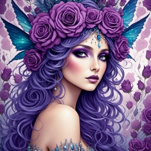 Prompt: <mymodel> peacock fairy goddess, purple roses, facial closeup