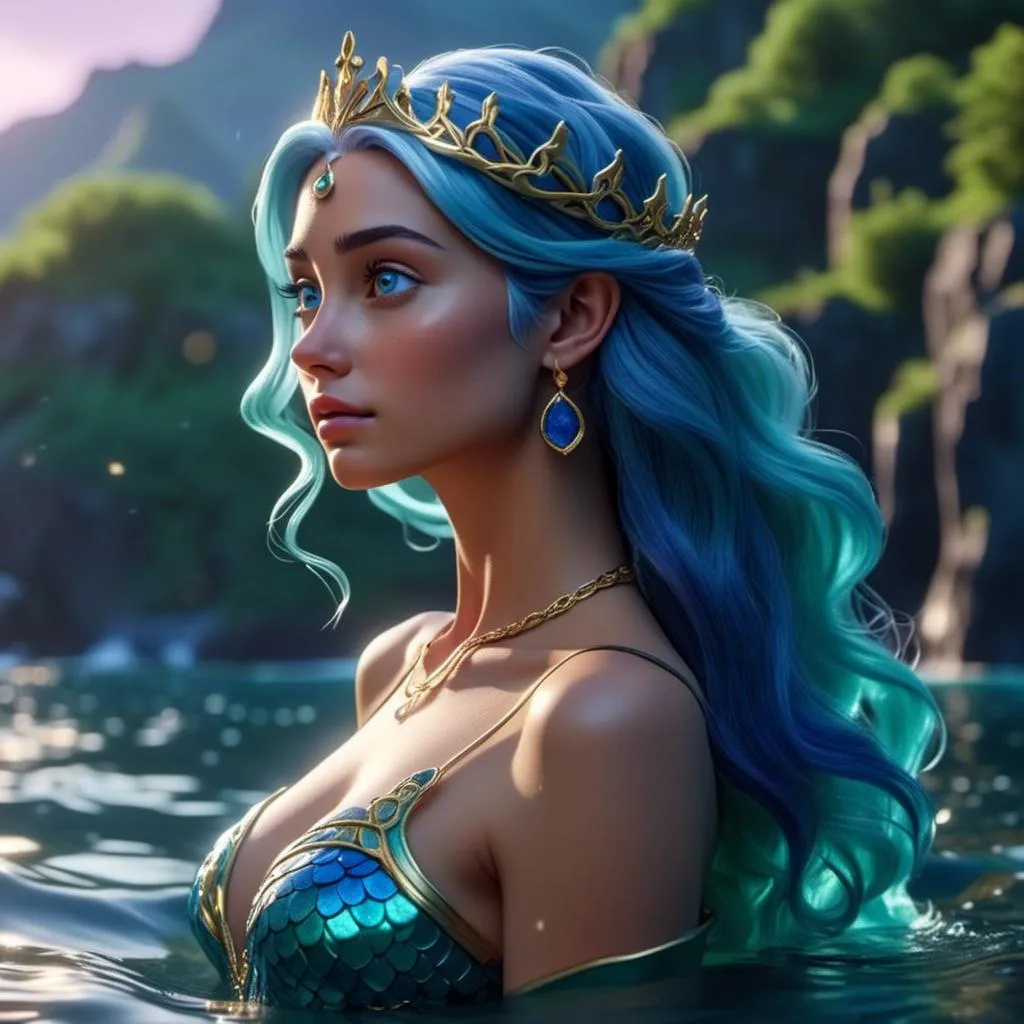 Prompt: <mymodel>HD 4k 3D 8k professional modeling photo hyper realistic beautiful woman ethereal greek goddess druid mermaid
cobalt blue hair olive skin gorgeous face  jewelry druid crown colored mermaid tail full body surrounded by ambient glow hd landscape under lush celtic waters

