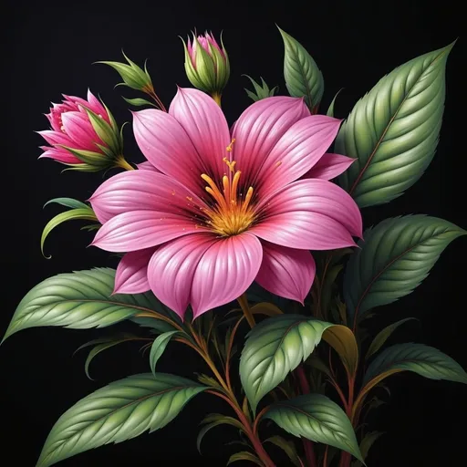 Prompt: a pink flower with green leaves in the background and a black background with a pink flower in the foreground, Boetius Adamsz Bolswert, photorealism, highly detailed digital painting, an airbrush painting