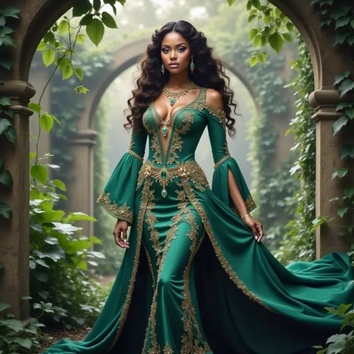 Prompt: In a lush, verdant setting, a striking figure stands elegantly amid thick foliage, bathed in soft, dappled sunlight filtering through the canopy. The woman exudes an air of regality, adorned in a richly detailed emerald gown with intricate gold embellishments that accentuate her graceful silhouette; her long, voluminous curls cascade around her shoulders, adding to her enchanting presence. Vibrant turquoise gems adorn her dress and jewelry, catching the light and enhancing the magical atmosphere surrounding her. The backdrop features ancient stone arches and archways, partially obscured by vibrant leaves and vines, creating a scene that feels both timeless and otherworldly. Overall, the composition conveys a sense of beauty, mystery, and a connection to nature, evoking a narrative steeped in fantasy and allure.