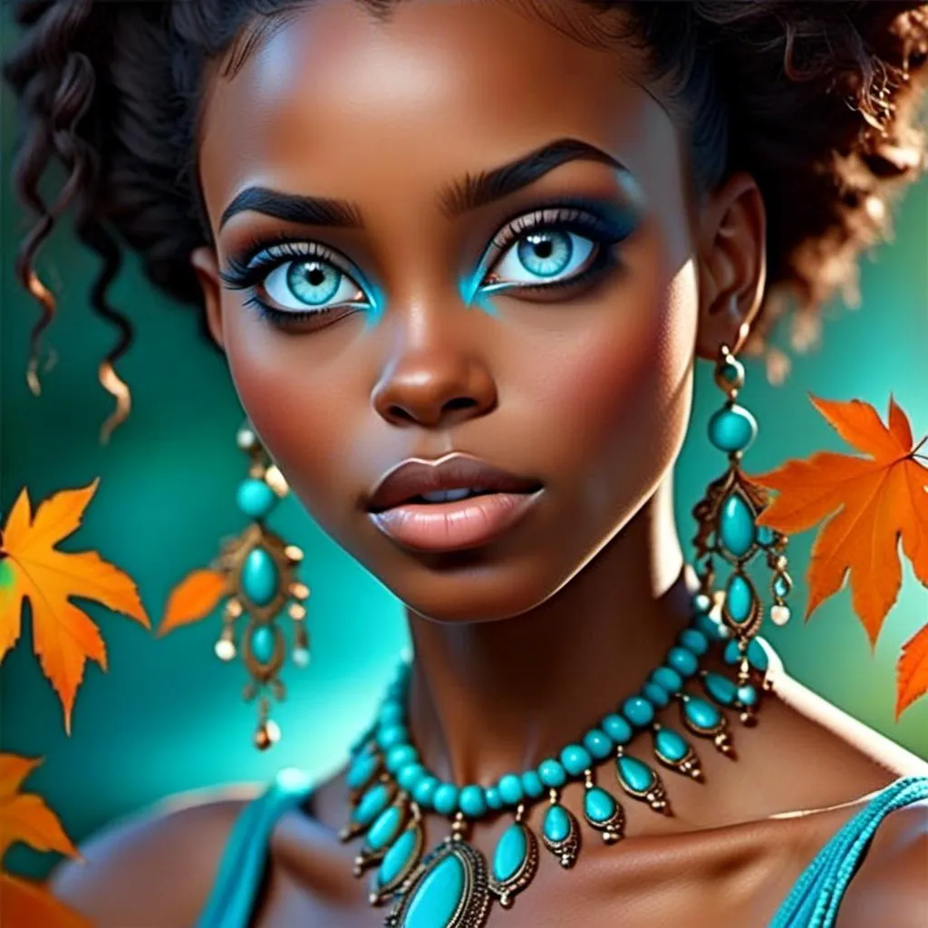 Prompt: <mymodel>Woman with dark skin, warm autumn colors, wearing turquoise jewelry,facial closeup