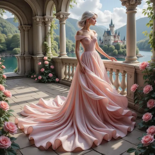 Prompt: In an enchanting outdoor setting, a graceful figure stands on a stone balcony, adorned in a stunning pink gown that cascades like silk to the ground, its fabric shimmering under soft daylight. The gown's off-the-shoulder design and intricate bodice accentuate her elegant posture as she gazes thoughtfully towards a picturesque castle nestled among lush green hills by a serene lake. Delicate roses bloom along the balcony’s edges, their soft colors complementing her dress and enhancing the romantic atmosphere. The clear blue sky and gentle puffs of clouds above create a dreamlike quality, framing the scene with a sense of tranquility and fairy tale allure. This moment captures a serene blend of beauty, elegance, and a hint of wistfulness, inviting viewers into a world of fantasy.