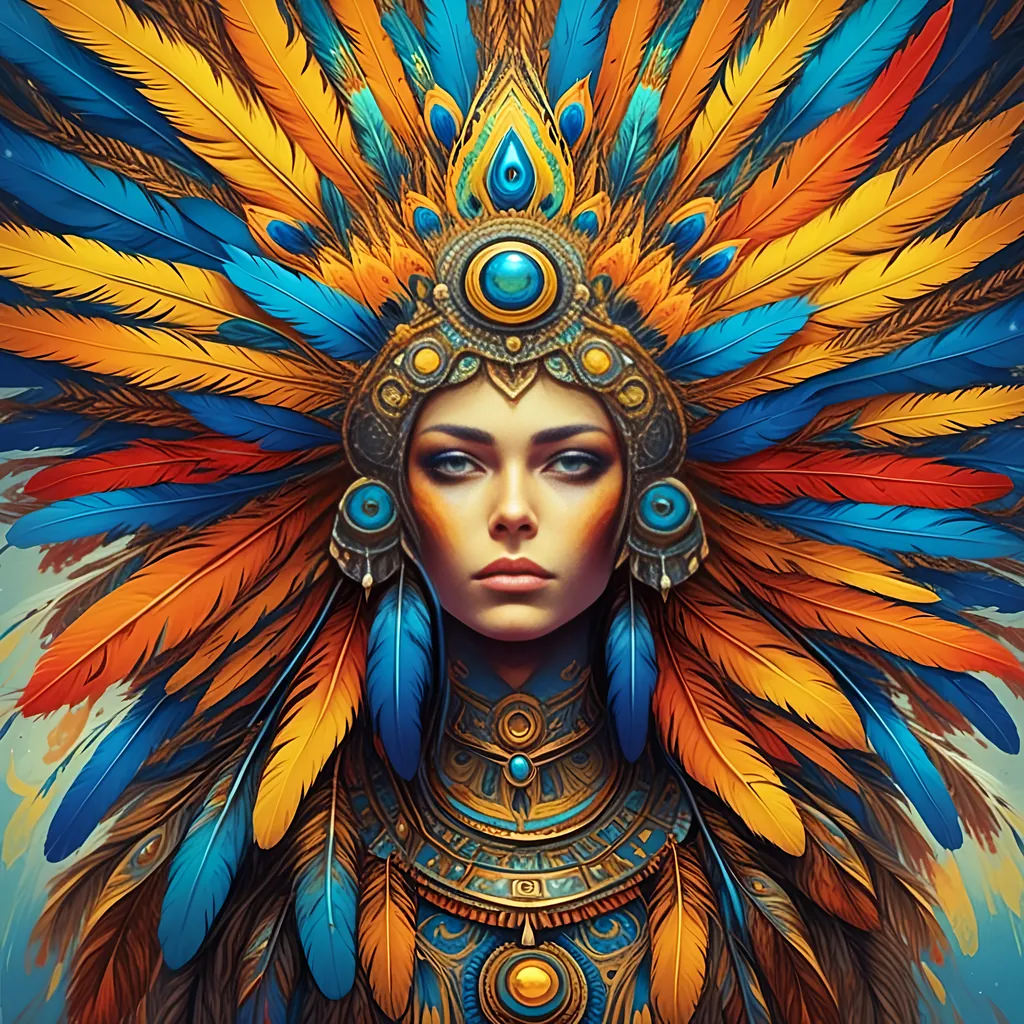 Prompt: <mymodel> a woman with a blue and yellow headdress and feathers on her head, with a blue and yellow feather on her head, Android Jones, fantasy art, highly detailed digital painting, a detailed painting