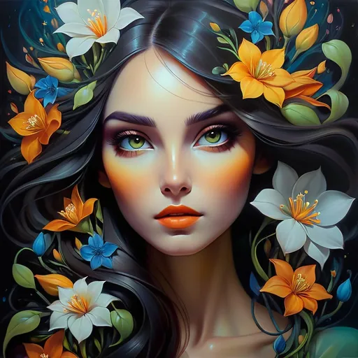 Prompt: Beautiful  hybrid woman with flowers sprouting from her, oil painting, ethereal glow, dark and mysterious, high quality, vibrant colors, surreal, haunting, intricate floral details, intense gaze, mystical atmosphere, oil painting,  ethereal, vibrant colors, surreal, haunting, floral details, intense gaze, mystical atmosphere