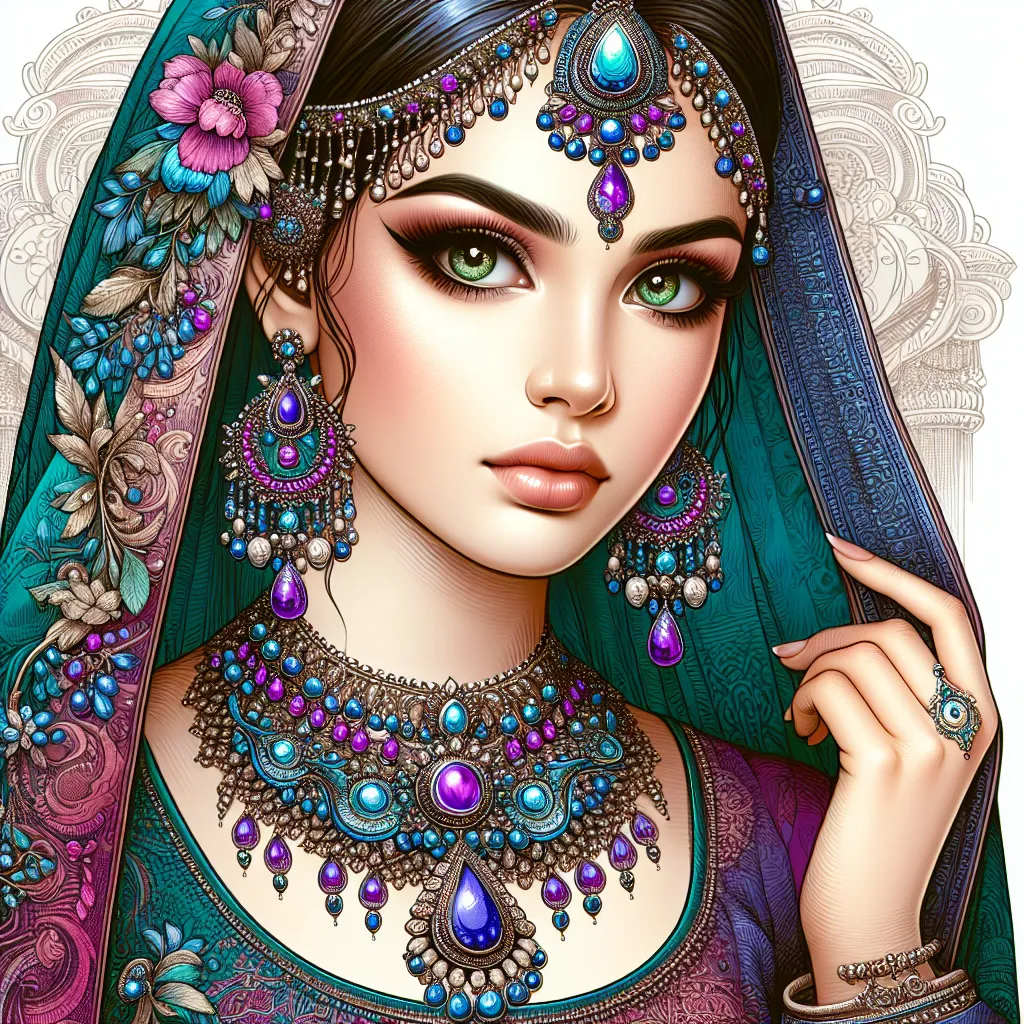 Prompt: illustration of a young woman, aqua and purple tones, elaborate jewelry, detailed makeup, colorful attire