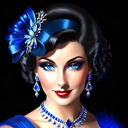 Prompt: Glamorously dressed lady of rhe 1930's wearing sapphire jewelry,blue eyes