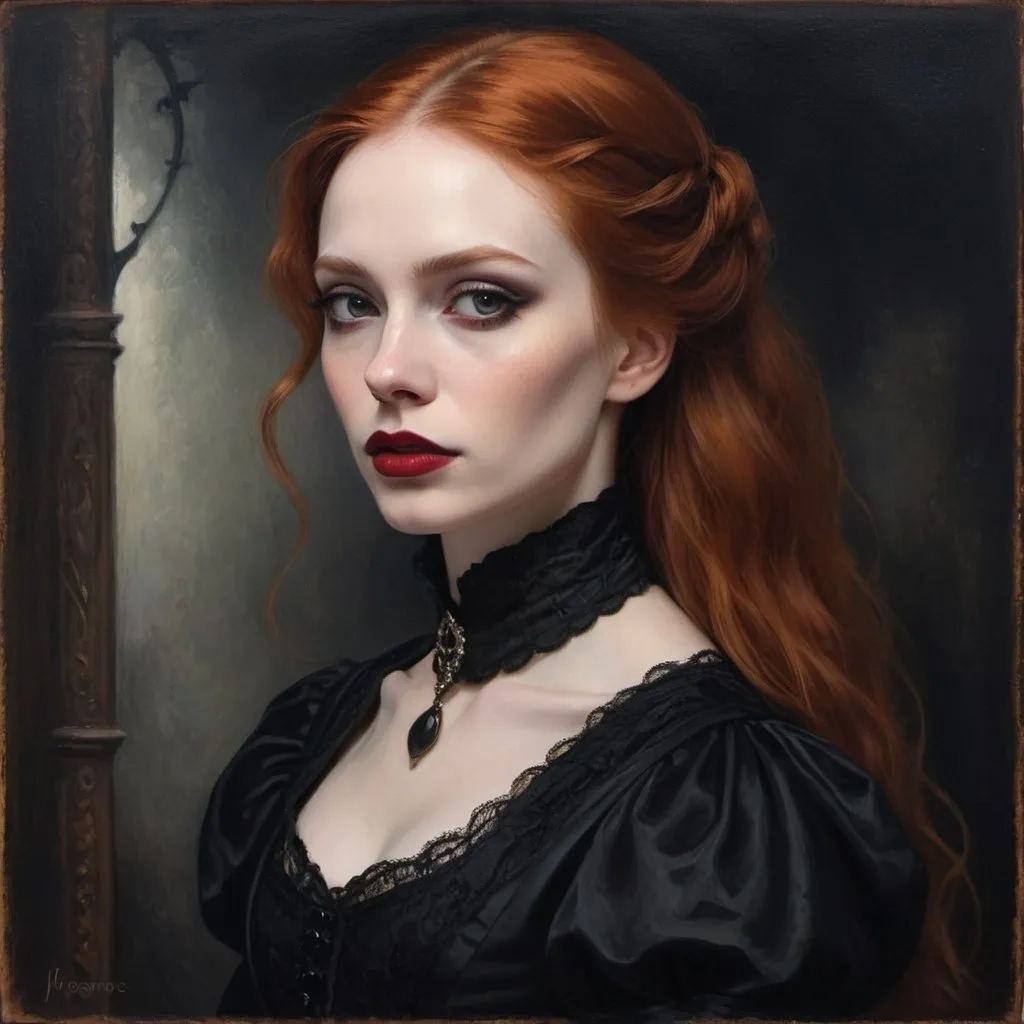 Prompt: Profile portrait of a gothic woman, oil painting, flowing ginger hair, pale skin, intense gaze, red lipstick, dark eyeshadow, elegant Victorian attire, high quality, realistic, gothic, moody lighting, dark tones, detailed lace, atmospheric, haunting beauty, professional