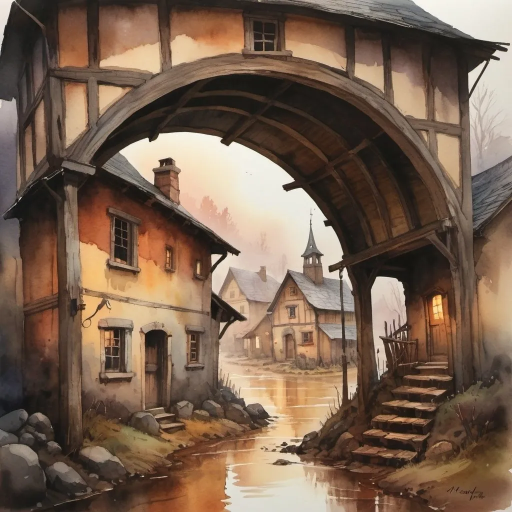 Prompt: watercolor, small village, foggy, rustic, dramatic fantasy settlement scene, warm tones