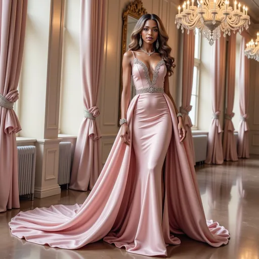 Prompt: Standing gracefully in an elegant indoor setting, a woman exudes confidence in a stunning, form-fitting gown made of soft pink satin. The dress features a deep V neckline and a daring thigh-high slit, accentuated by a glamorous metallic belt that cinches her waist, providing a striking contrast to the fabric. Her long, wavy hair cascades elegantly over her shoulders, complementing her poised expression. The backdrop, adorned with delicate drapes and sparkling chandeliers, adds to the opulence of the scene, illuminated by warm, inviting light that enhances the overall romantic atmosphere. This captivating composition beautifully marries sophistication with a touch of allure, telling a story of grace and elegance.