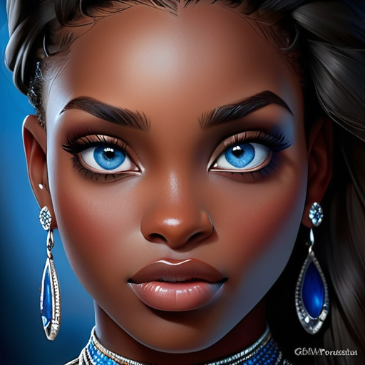 Prompt: Portrait of a black woman with very dark complexion and piercing blue eyes, pretty makeup, realistic painting, detailed features, high quality, realistic, dark skin, striking blue eyes, intense gaze, realistic painting, detailed facial features, professional, realistic lighting, dramatic contrast