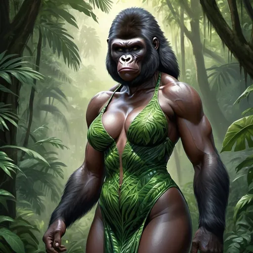 Prompt: Highly detailed digital painting of a female human/gorilla hybrid dressed in an evening gown, realistic fur texture, intense and piercing gaze, muscular and powerful physique, jungle setting with lush green foliage, highres, ultra-detailed, digital painting, realistic, intense gaze, muscular physique, jungle setting, lush foliage, hybrid creature, professional, atmospheric lighting