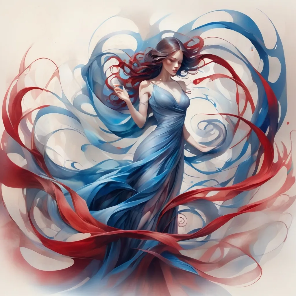 Prompt: <mymodel> a woman in a long dress with a flowing design on her body and arms, with a blue and red swirl in the background, Anna Dittmann, fantasy art, fantasy artwork, digital art