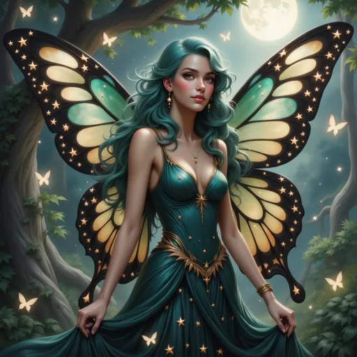 Prompt: Enveloped in a mystical forest, a resplendent fairy figure stands gracefully amid lush greenery, illuminated by the soft glow of a full moon. With flowing teal hair and striking butterfly wings adorned with intricate gold details, her ethereal attire shimmers with delicate embellishments resembling leaves and butterflies, reflecting the enchanting aura of her woodland realm. Her gentle expression, marked by large, expressive eyes, conveys both strength and serenity as she embraces the magical ambiance surrounding her. The composition captures a dreamlike atmosphere, enhanced by the rich color palette of emerald greens and subtle golds, inviting viewers to delve into a story of fantasy and wonder. The overall harmony between the character and her environment evokes a sense of enchantment, drawing one into a serene yet captivating narrative.