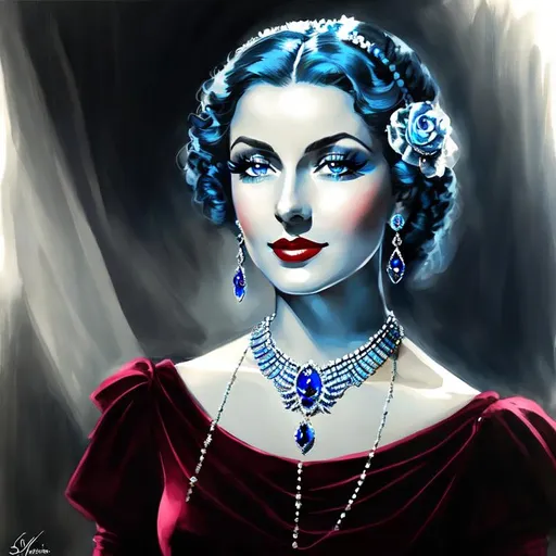 Prompt: Glamorously dressed lady of rhe 1930's wearing sapphire jewelry,blue eyes