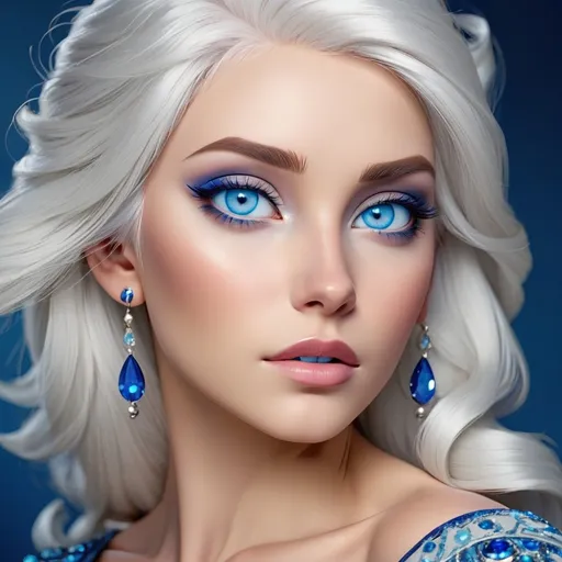 Prompt: A beautiful woman, white hair, blue eyes, blue eyeshadow, blue jewels o