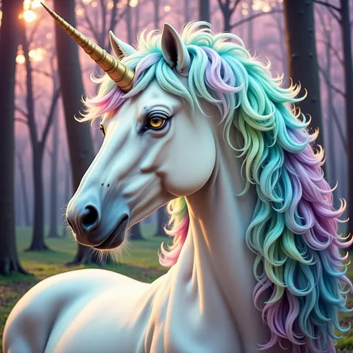 Prompt: Majestic unicorn with iridescent fur, enchanting forest setting, whimsical fantasy art style, vibrant pastel tones, ethereal lighting, detailed mane and horn, surreal, high quality, fantasy, enchanting, iridescent fur, detailed mane, whimsical, pastel tones, vibrant, ethereal lighting, forest setting