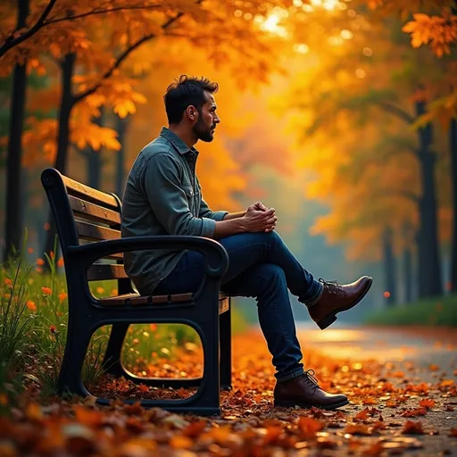 Prompt: Bathed in the warm glow of an autumn afternoon, a man sits contemplatively on a dark wooden bench, framed by vibrant foliage in shades of orange and yellow. His posture is relaxed yet introspective, as he gazes into the distance against a backdrop of blurred greenery and soft sunlight filtering through the trees. A gentle breeze stirs fallen leaves around him, adding a sense of movement to the tranquil scene, which is set in a park where nature's transformation invites reflection. The lighting casts a golden hue, imbuing the moment with a serene, almost nostalgic atmosphere, capturing both the beauty of the season and the quiet solitude of the man's thoughts.