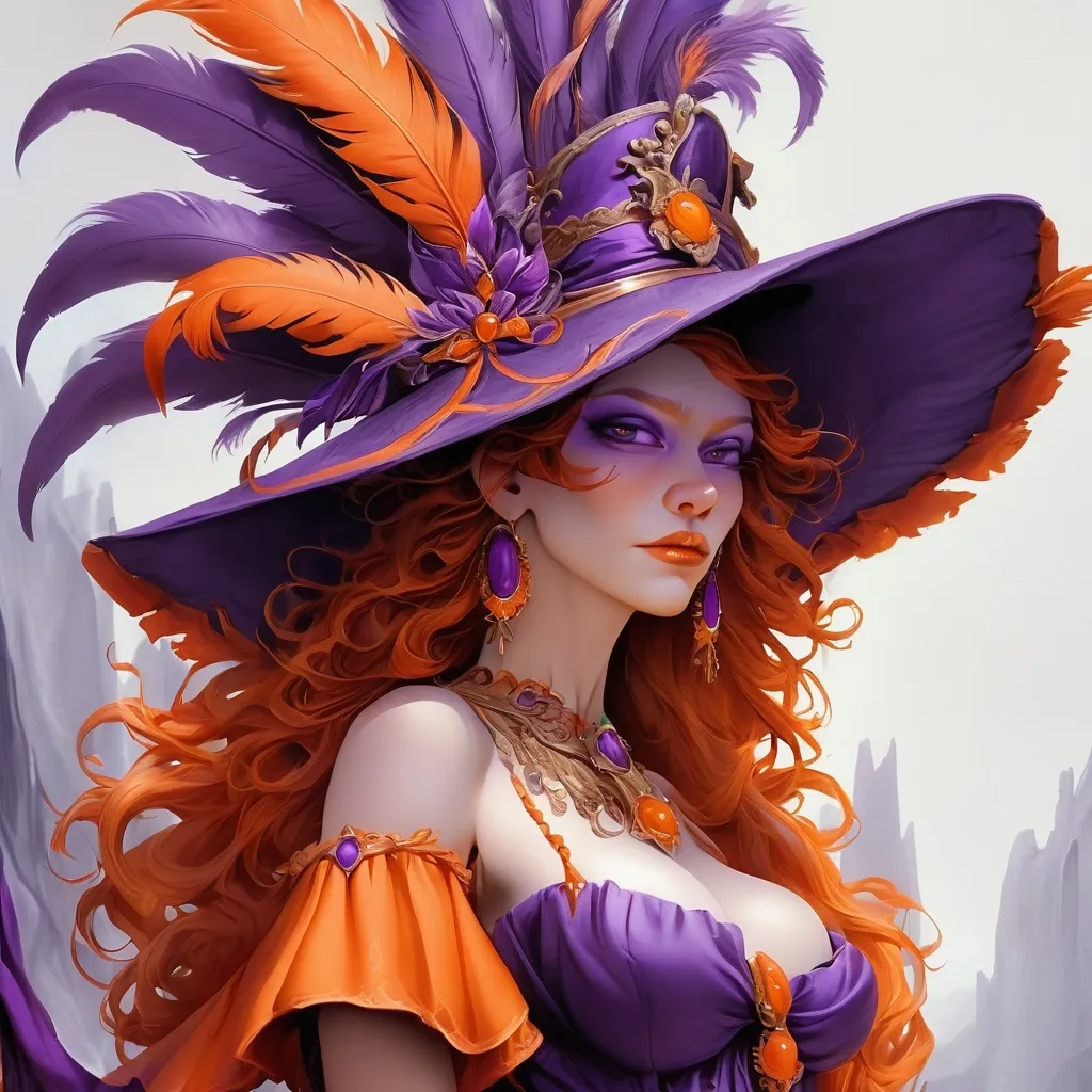 Prompt: a woman wearing a purple hat with orange feathers on it's head and a purple dress with orange trim, Art of Brom, fantasy art, highly detailed digital painting, a photorealistic painting