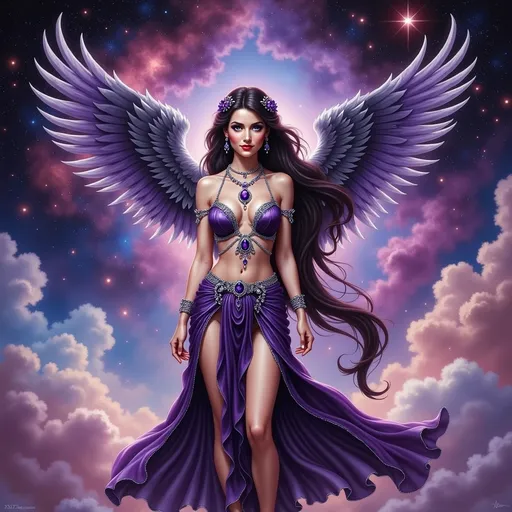 Prompt: A winged woman with raven black hair and purple eyes, adorned with amethyst jewels, standing in an ethereal nebula background, full body, highres, detailed, fantasy, vibrant colors, flowing and ethereal clothes, radiant lighting, majestic, surreal, paradise setting, 