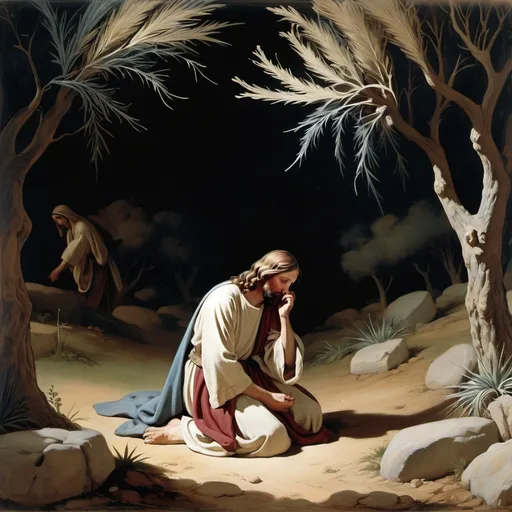 Prompt: Jesus suffers in the garden of gethsemane 
