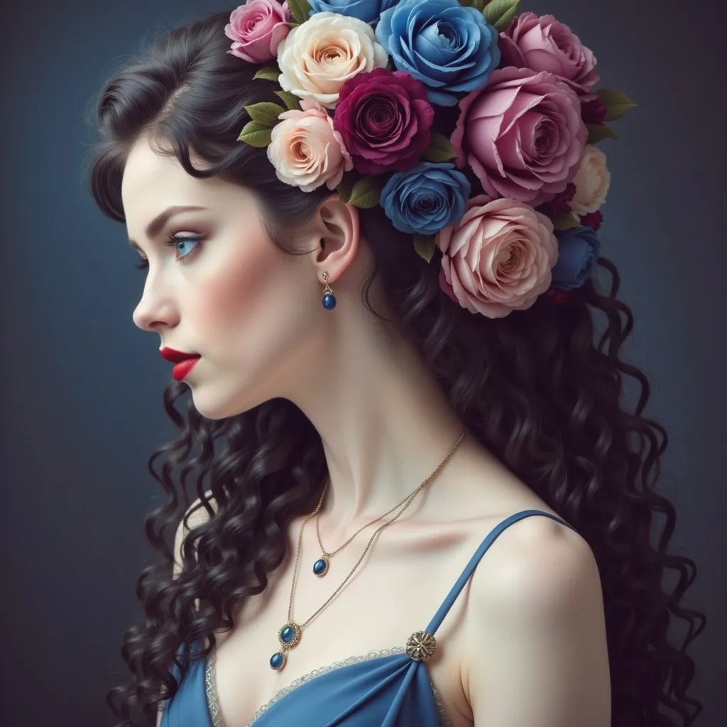 Prompt: a woman with flowers in her hair , with a blue dress and necklace, Anne Stokes, gothic art, highly detailed digital painting, a detailed painting