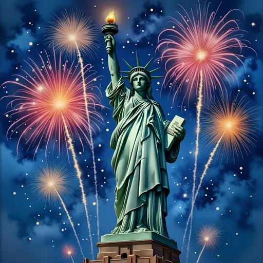 Prompt: Against a vibrant night sky, the Statue of Liberty stands majestically, her torch illuminated and raised high, symbolizing hope and freedom. Surrounding her, an array of colorful fireworks bursts, casting brilliant hues of red, blue, and gold, creating a festive atmosphere that highlights the celebration. The scene captures a sense of national pride, with the fireworks radiating outward like elaborate floral displays, framing the statue in a dramatic composition that draws the eye upward. The deep blue backdrop contrasts beautifully with the warm lights, enhancing the statue’s iconic green patina. This moment encapsulates a spirited narrative of liberty and joy, perfect for a festive occasion like Independence Day.