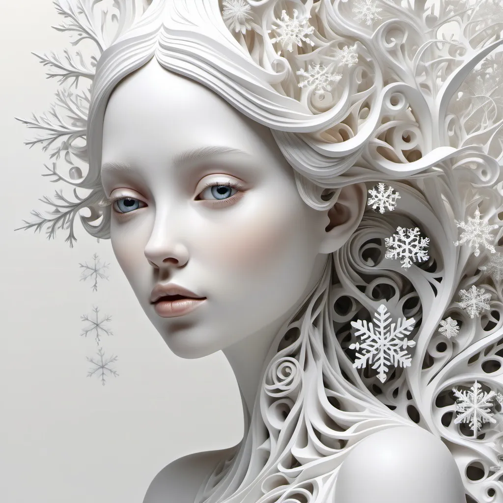 Prompt: A beautiful white female 3D sculpture against a white background, whimsical snowflakes fused throughout the sculpture, Stephanie Law style of hyperrealism, very intricate details, abstract vector fractal, wave function, zentangle, 3D shading