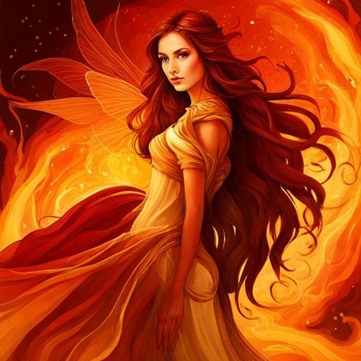 Prompt: fairy goddess, warm colors, fiery background, closeup