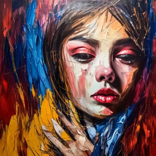 Prompt: <mymodel>Sad meaning disguised under happy expressionism, oil painting, vibrant and contrasting colors, emotional brush strokes, intense and contrasting, abstract, emotional, high quality, expressionism, oil painting, vibrant colors, emotional brush strokes, intense, abstract, contrasting, artistic, emotional