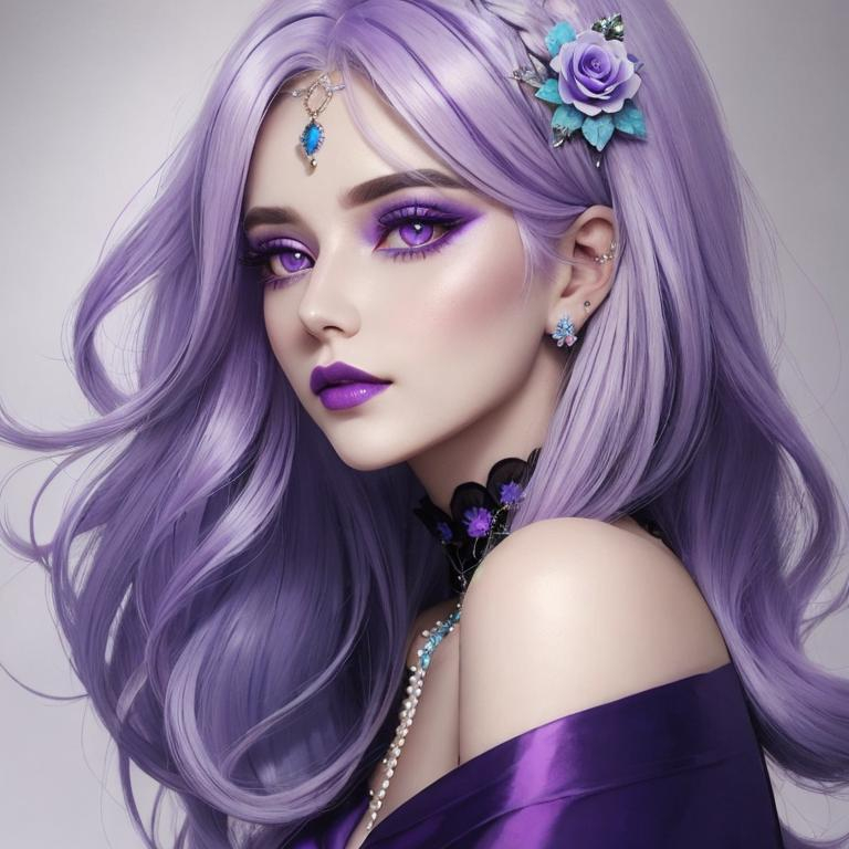 Prompt: A beautiful woman, white hair with pastel purple highlights, violet eyes, blue eyeshadow, pastel blue roses in her hair, blue jewels on forehead, cartoon style