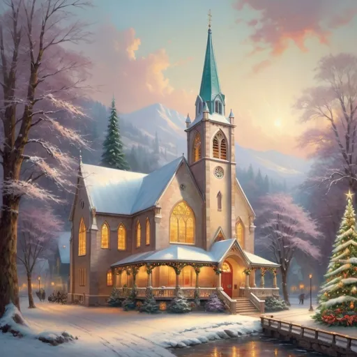 Prompt: kinkade like romantic cathedral in winter, shining windows, large christmas tree, 