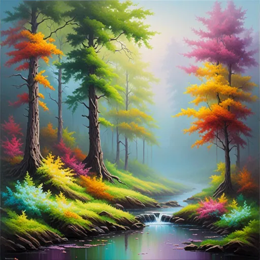 Prompt: <mymodel> Serene forest, oil painting, mist-covered trees, tranquil stream, vibrant and soothing colors, high quality, realistic, detailed foliage, peaceful atmosphere, soft natural lighting