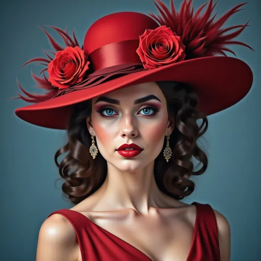 Prompt: A stunning woman captivates attention with her striking features, adorned in an elegant red ensemble that complements her vibrant personality. Her large, wide-brimmed hat, embellished with intricate feathers and vivid red roses, adds a dramatic flair, while her deep blue eyes and bold red lips emphasize her sophisticated look. The soft, wavy hair cascades over her shoulders, contributing to her graceful elegance. Set against a muted blue background, the lighting enhances her flawless complexion and the richness of her outfit, creating a timeless, glamorous atmosphere that exudes confidence and poise. The overall composition portrays a sense of high fashion, evoking feelings of allure and sophistication.