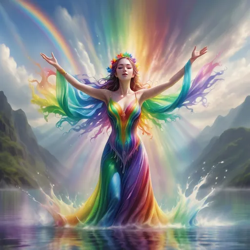 Prompt: a woman in a dress with a rainbow dress on is standing in the water with her arms outstretched and her arms spread out, artist, fantasy art, mystical colors, an airbrush painting