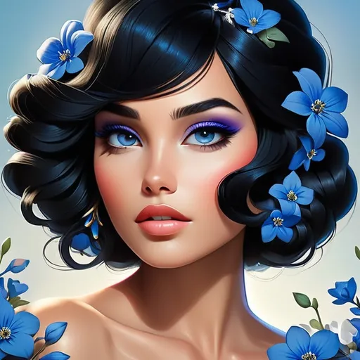 Prompt: Detailed digital illustration of a woman with black hair adorned with vibrant blue flowers, high quality, digital painting, elegant, realistic, detailed hair, stunning floral hair ornament, serene expression, natural lighting, cool tones, professional, atmospheric lighting