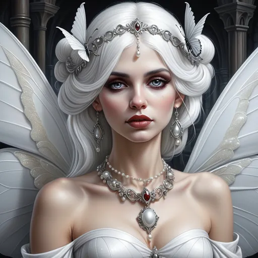 Prompt: a woman with white butterfly wings  and snow white haira adorned with pearlsand a necklace on her neck . Anne Stokes, gothic art, highly detailed digital painting, a photorealistic painting